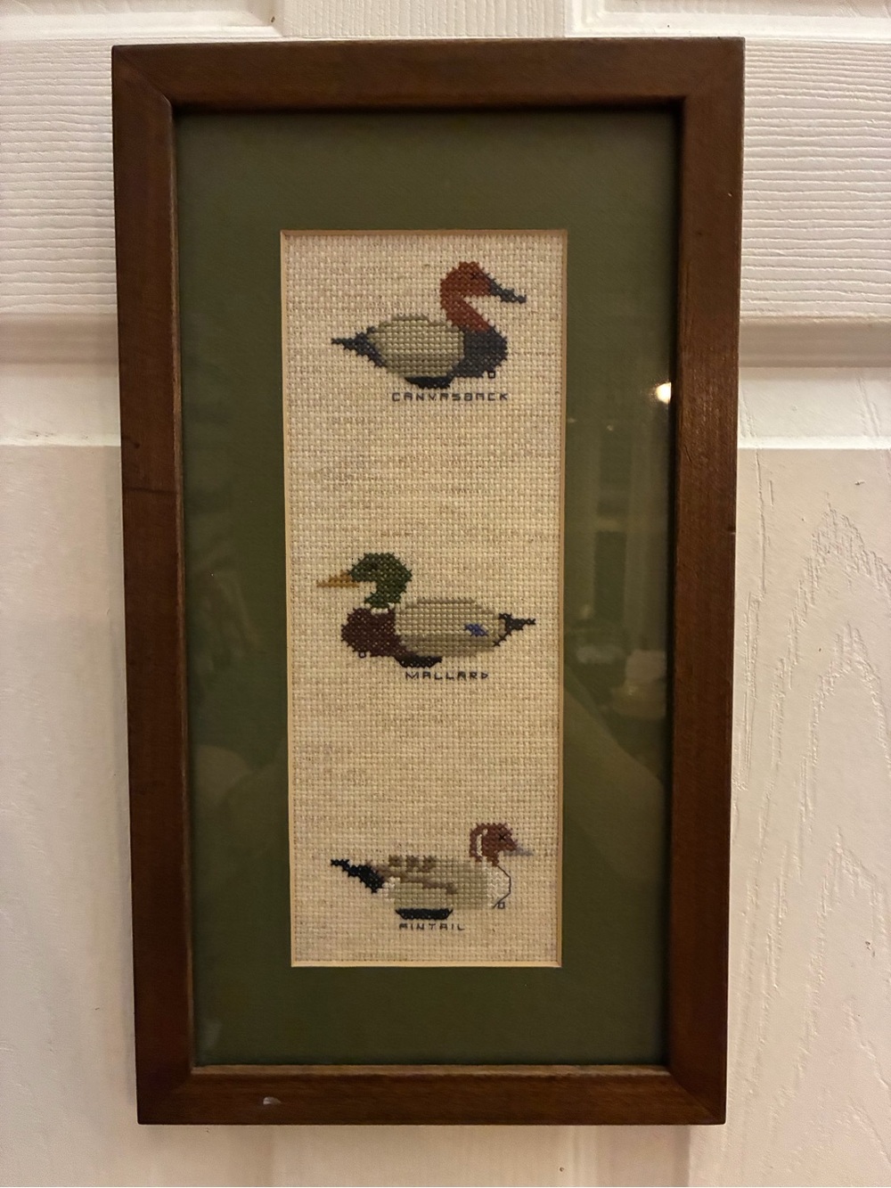 Vintage Framed Duck Cross Stitch Art Mallard Canvasback Pintail Sampler Cabin